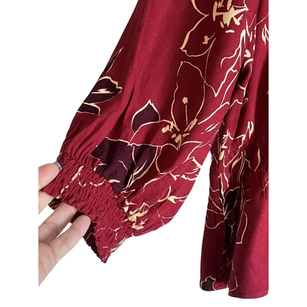 Sofía Jeans By Sofía Vergara Womens 2X Burgundy Viscose Floral Blouse Smocking - Picture 4 of 7